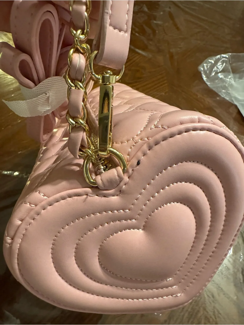 Claire's Pink Heart Quilted Barrel Crossbody Bag with Gold Chain